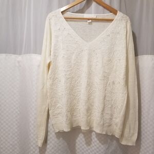 DKNY PURE Embroidered Linen Knit Sweater/Top, Ivory and White, Large, NWOT
